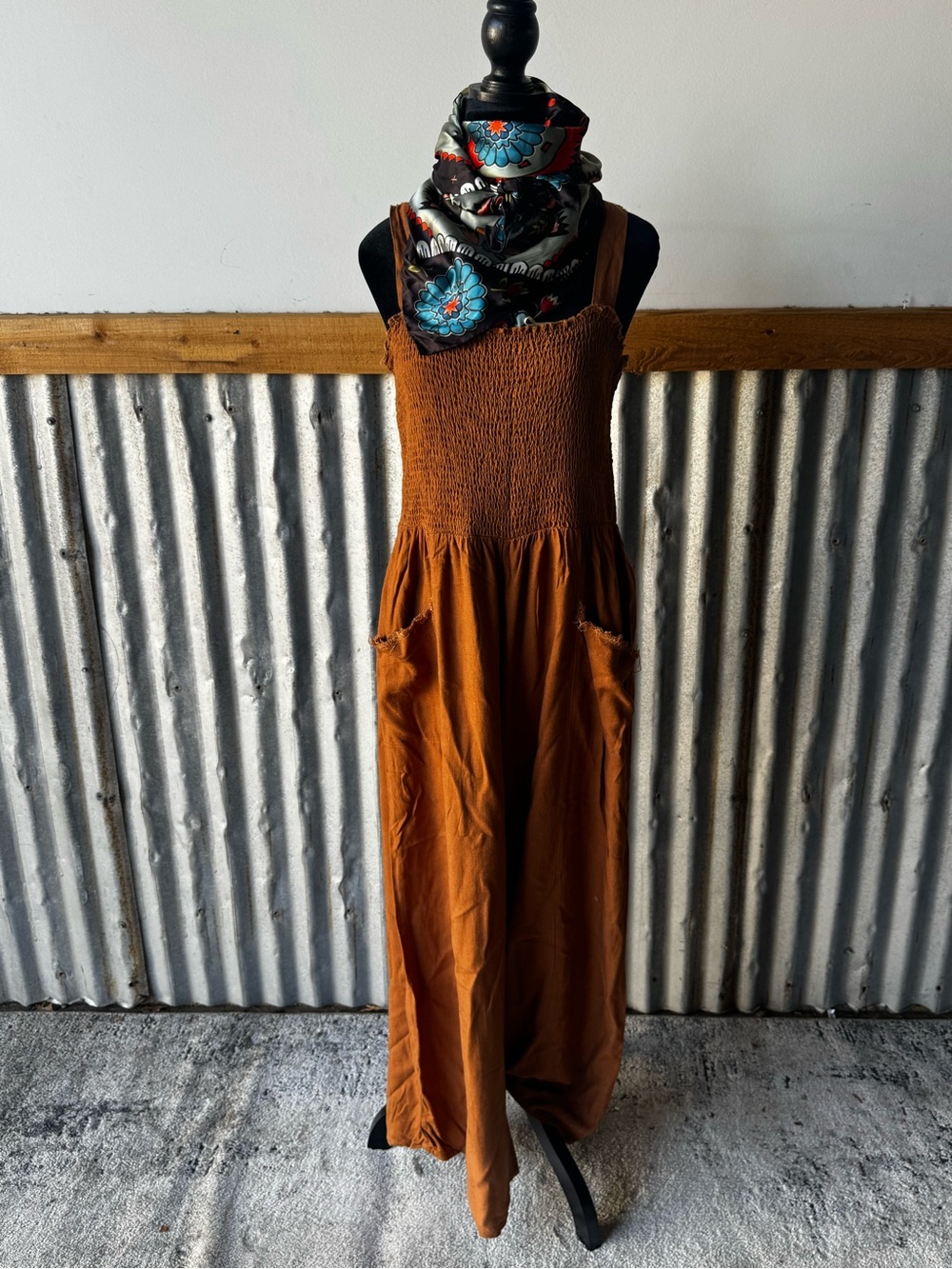 Umgee Rust Smocked Jumpsuit with Pockets